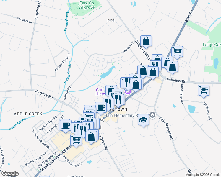 map of restaurants, bars, coffee shops, grocery stores, and more near in Mint Hill
