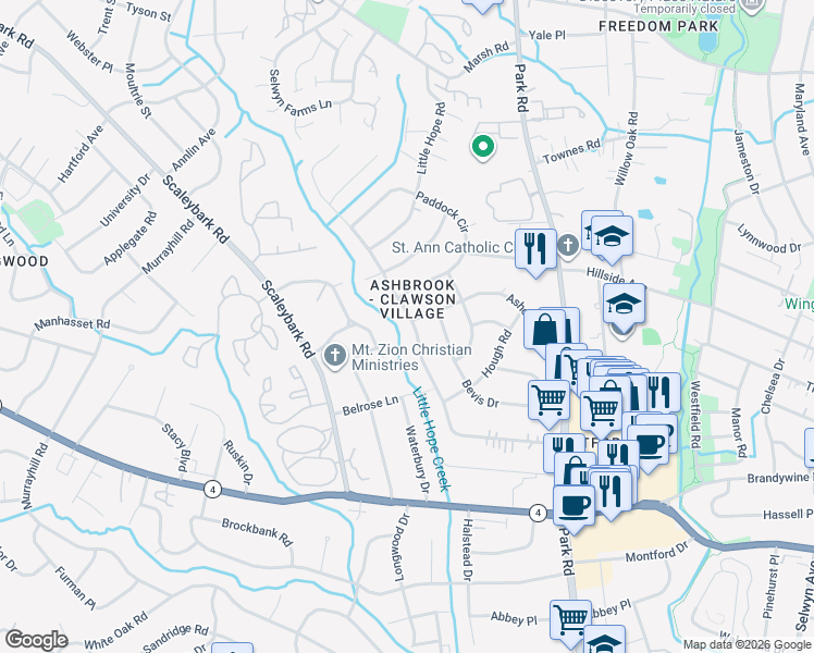 map of restaurants, bars, coffee shops, grocery stores, and more near 1000 Heather Lane in Charlotte