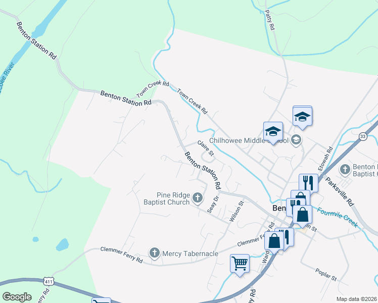 map of restaurants, bars, coffee shops, grocery stores, and more near 1599 Benton Station Rd in Benton