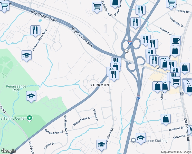 map of restaurants, bars, coffee shops, grocery stores, and more near 630 Candler Lane in Charlotte