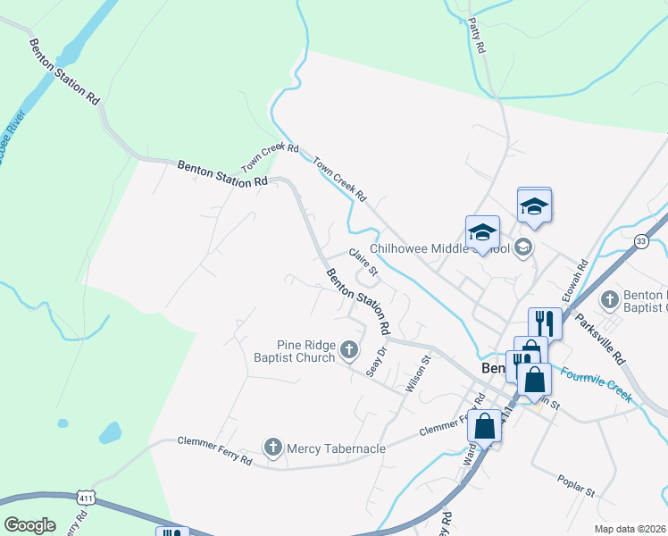 map of restaurants, bars, coffee shops, grocery stores, and more near 1599 Benton Station Road in Benton