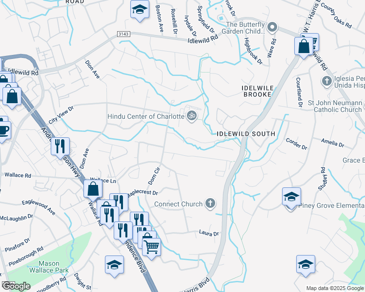 map of restaurants, bars, coffee shops, grocery stores, and more near 7632 Rawald Drive in Charlotte