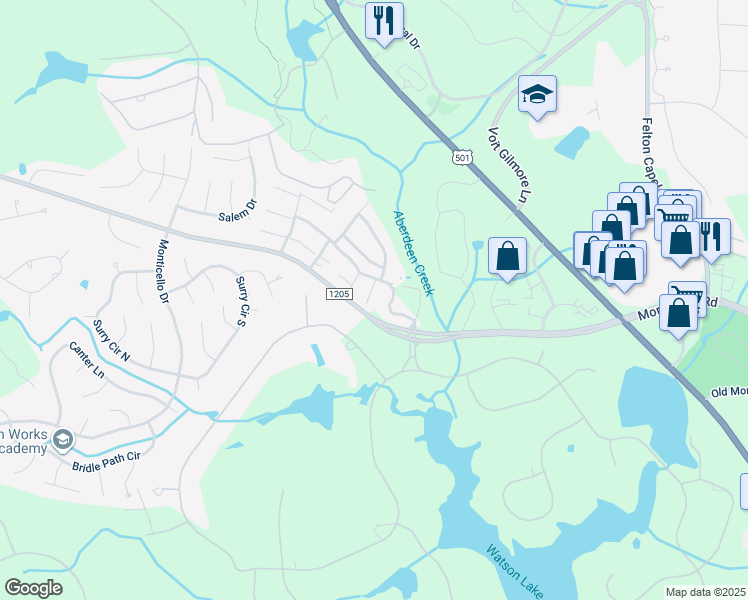 map of restaurants, bars, coffee shops, grocery stores, and more near 128 Racquet Lane in Pinehurst