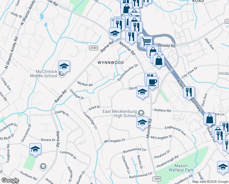 map of restaurants, bars, coffee shops, grocery stores, and more near 6626 Old Post Road in Charlotte
