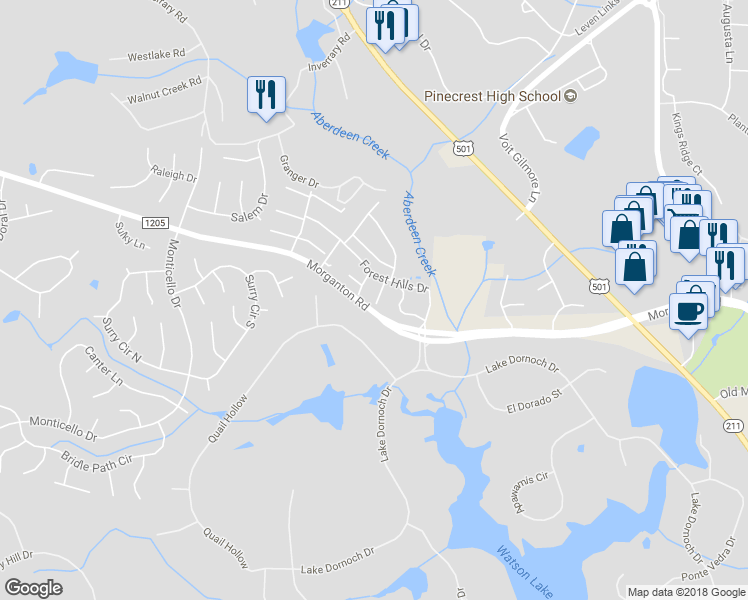 map of restaurants, bars, coffee shops, grocery stores, and more near 123 Racquet Lane in Pinehurst