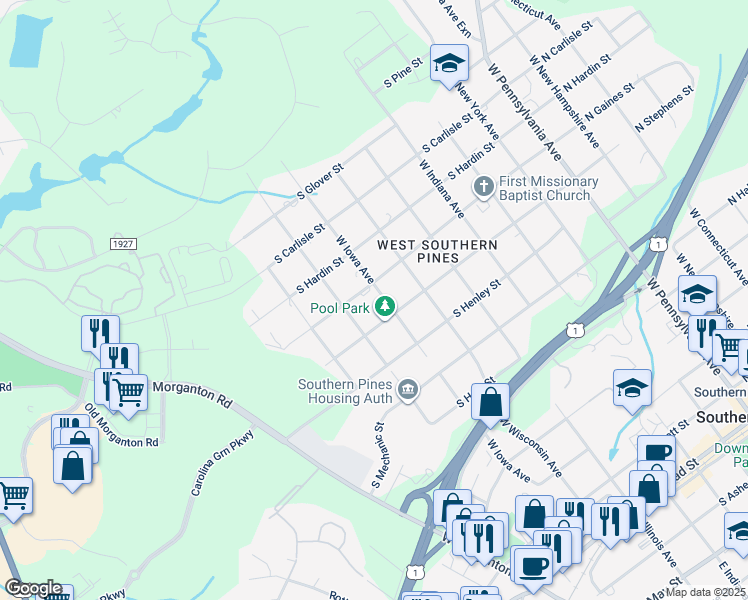 map of restaurants, bars, coffee shops, grocery stores, and more near West Iowa Avenue in Southern Pines