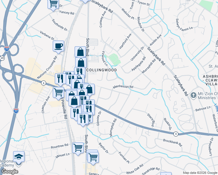 map of restaurants, bars, coffee shops, grocery stores, and more near 525 Northgate Avenue in Charlotte
