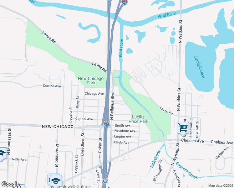 map of restaurants, bars, coffee shops, grocery stores, and more near 1211 Chicago Avenue in Memphis