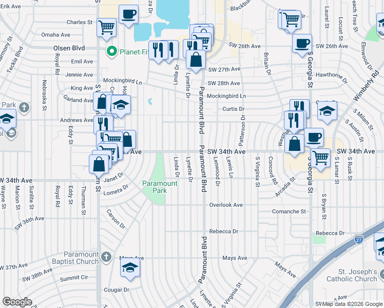 map of restaurants, bars, coffee shops, grocery stores, and more near 3402 Paramount Boulevard in Amarillo