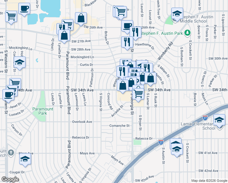 map of restaurants, bars, coffee shops, grocery stores, and more near 3403 Concord Road in Amarillo