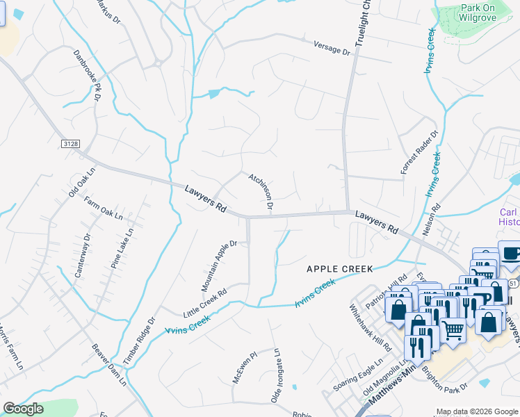 map of restaurants, bars, coffee shops, grocery stores, and more near 7108 Chattanooga Lane in Mint Hill