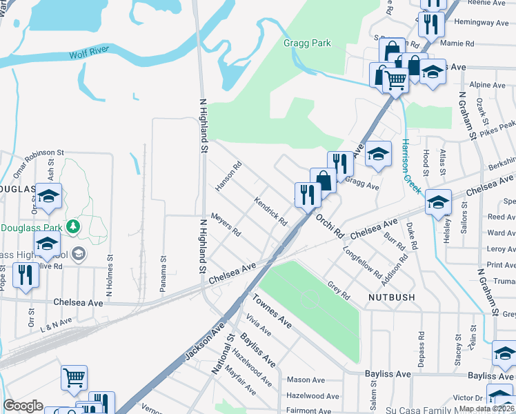 map of restaurants, bars, coffee shops, grocery stores, and more near 3598 Kendrick Road in Memphis