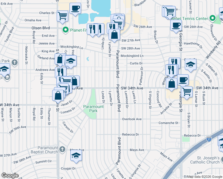 map of restaurants, bars, coffee shops, grocery stores, and more near 3402 Paramount Boulevard in Amarillo