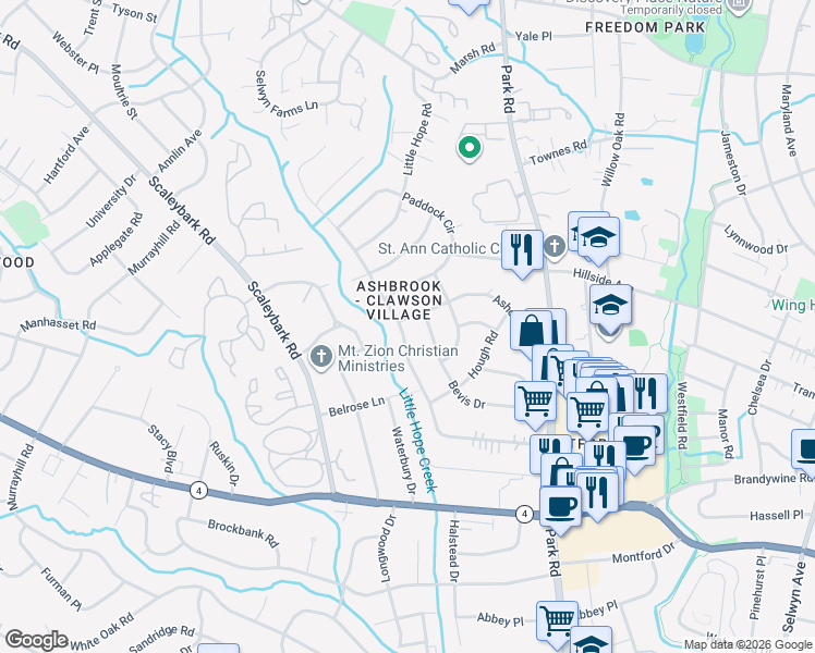 map of restaurants, bars, coffee shops, grocery stores, and more near 1000 Heather Lane in Charlotte