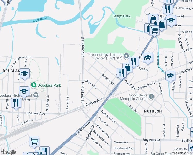 map of restaurants, bars, coffee shops, grocery stores, and more near 3552 Kruger Road in Memphis