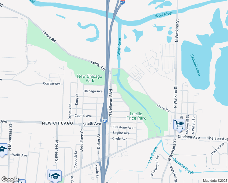 map of restaurants, bars, coffee shops, grocery stores, and more near 1211 Chicago Avenue in Memphis
