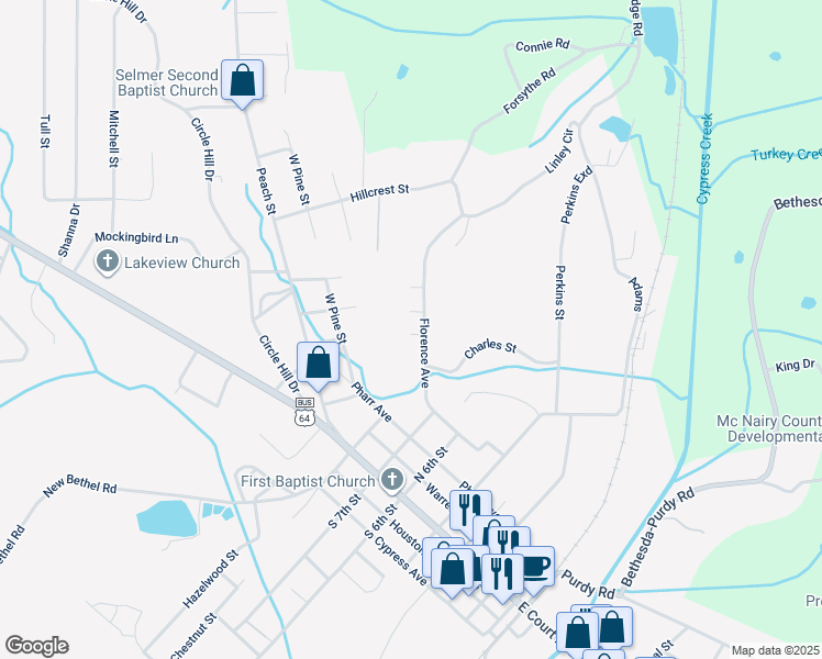 map of restaurants, bars, coffee shops, grocery stores, and more near 408 Florence Avenue in Selmer