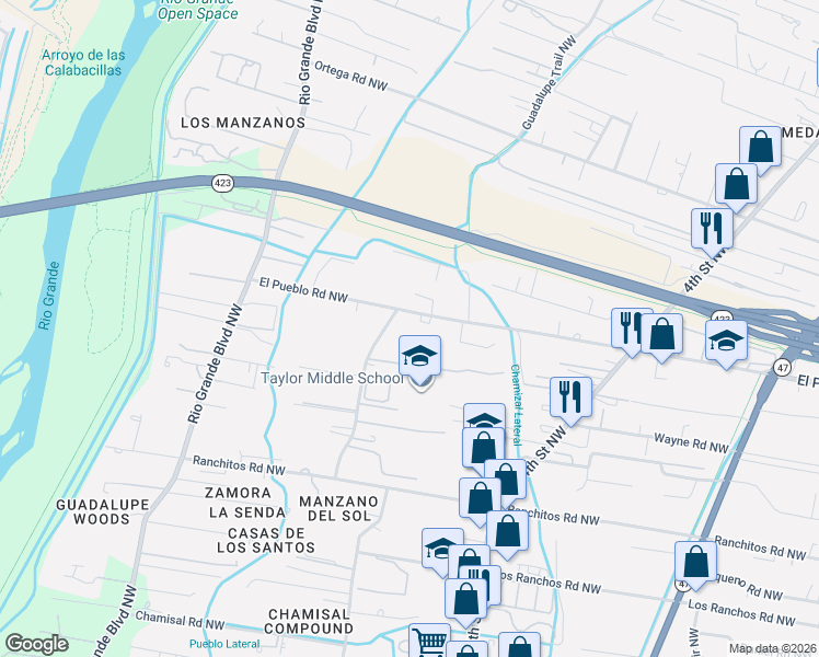 map of restaurants, bars, coffee shops, grocery stores, and more near 930 El Pueblo Road Northwest in Los Ranchos de Albuquerque