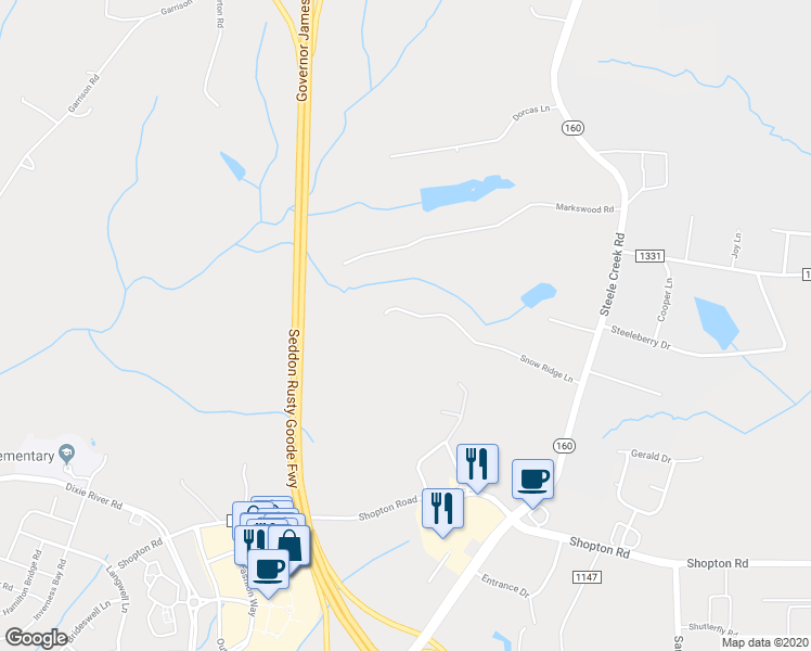 map of restaurants, bars, coffee shops, grocery stores, and more near 9433 Snow Ridge Lane in Charlotte