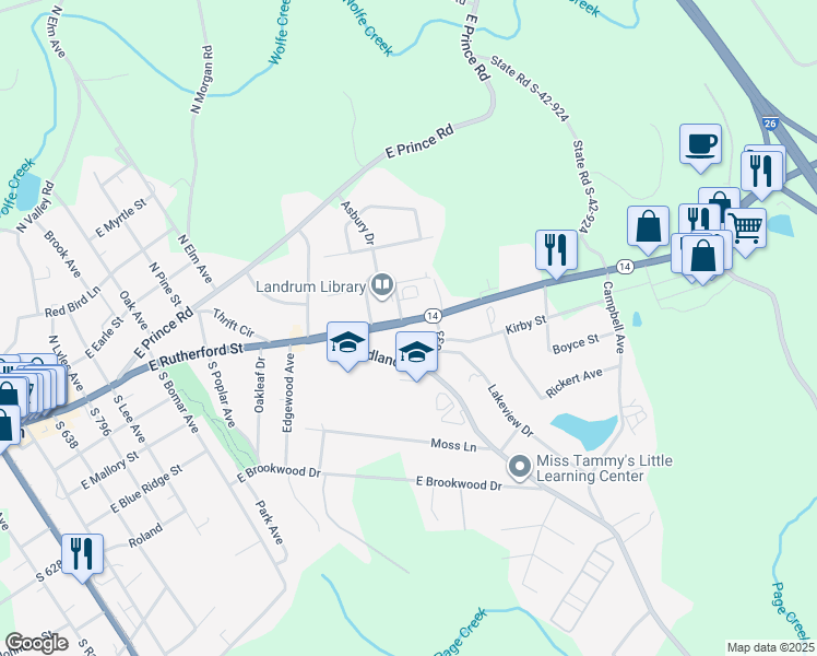 map of restaurants, bars, coffee shops, grocery stores, and more near 1308 East Rutherford Street in Landrum