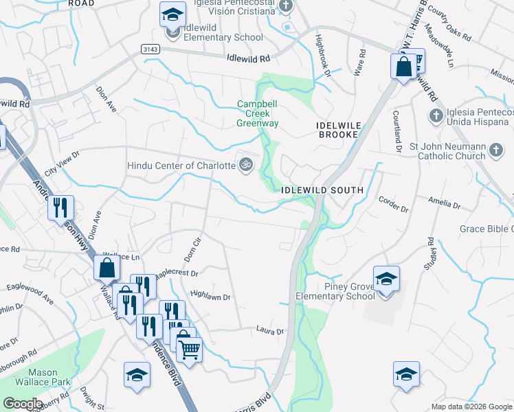 map of restaurants, bars, coffee shops, grocery stores, and more near 6927 Streamside Drive in Charlotte