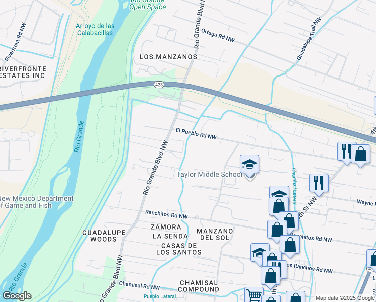 map of restaurants, bars, coffee shops, grocery stores, and more near 8400 Rio Grande Boulevard Northwest in Los Ranchos de Albuquerque