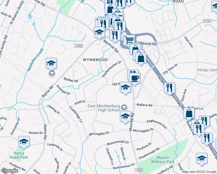 map of restaurants, bars, coffee shops, grocery stores, and more near 6507 Old Post Road in Charlotte