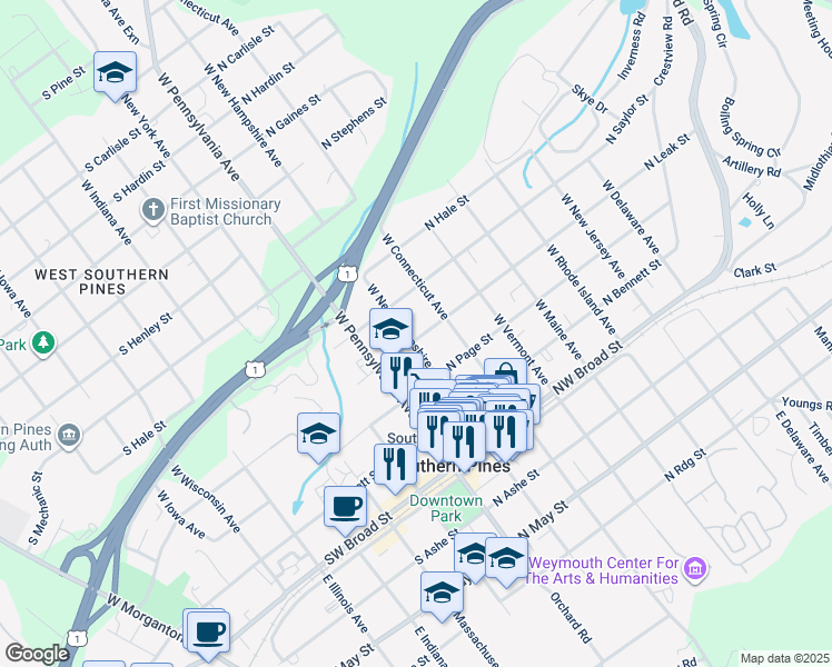 map of restaurants, bars, coffee shops, grocery stores, and more near 415 West New Hampshire Avenue in Southern Pines