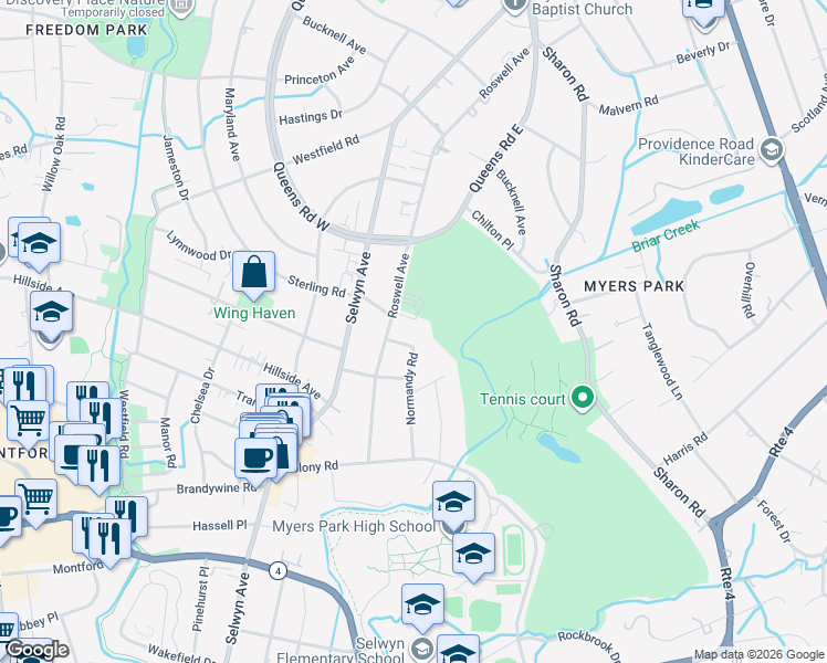 map of restaurants, bars, coffee shops, grocery stores, and more near 2512 Normandy Road in Charlotte