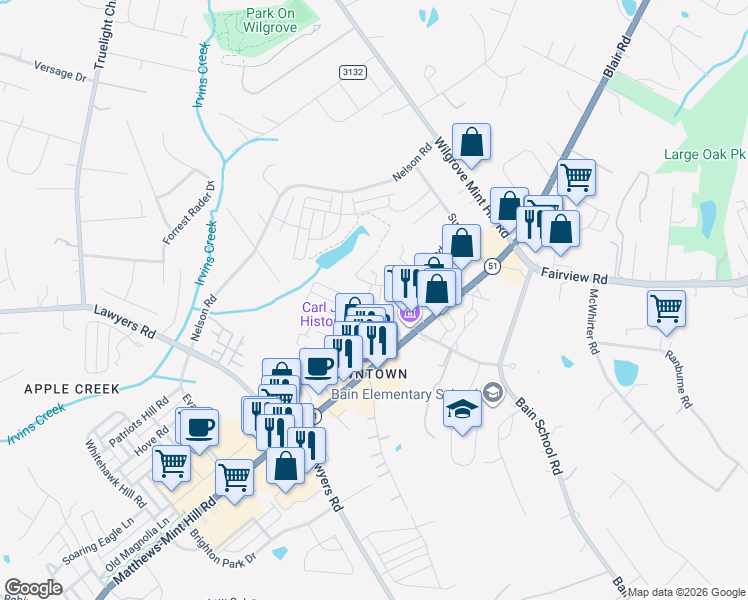 map of restaurants, bars, coffee shops, grocery stores, and more near 7417 Matthews-Mint Hill Road in Mint Hill