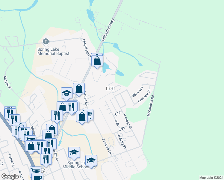 map of restaurants, bars, coffee shops, grocery stores, and more near 510 North Grogg Street in Spring Lake