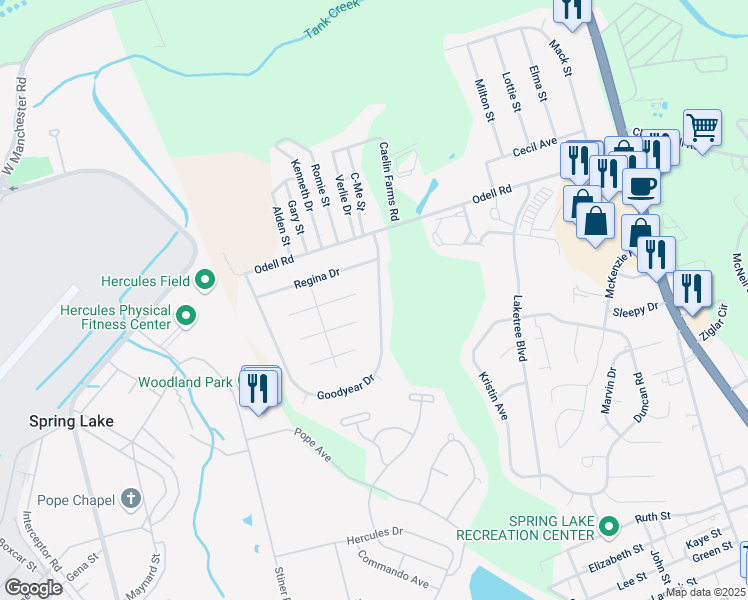 map of restaurants, bars, coffee shops, grocery stores, and more near 618 Goodyear Drive in Spring Lake