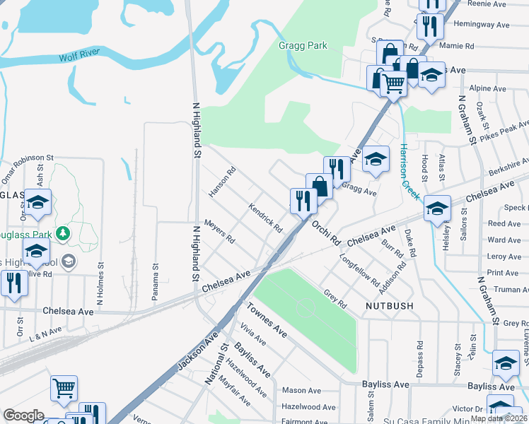 map of restaurants, bars, coffee shops, grocery stores, and more near 3598 Kendrick Road in Memphis