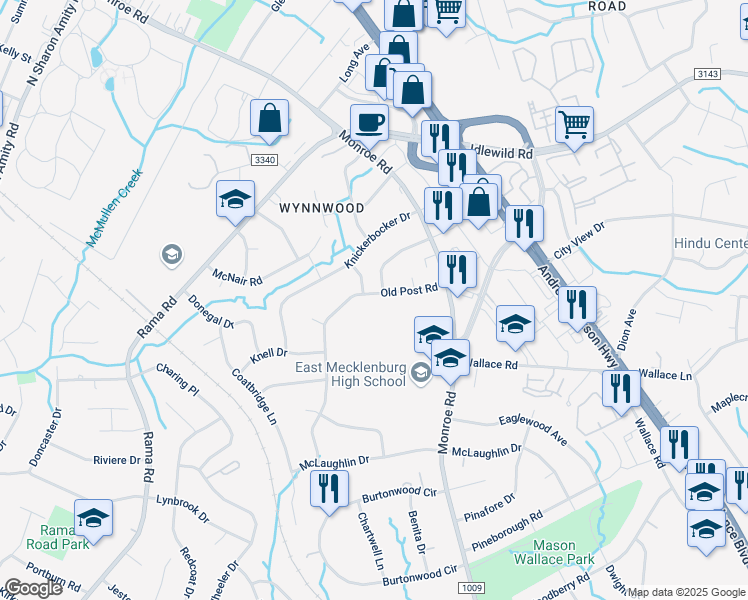 map of restaurants, bars, coffee shops, grocery stores, and more near 6507 Old Post Road in Charlotte