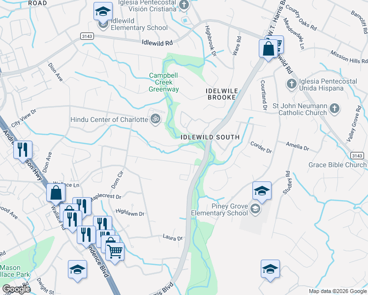 map of restaurants, bars, coffee shops, grocery stores, and more near 7609 Campbell Creek Lane in Charlotte