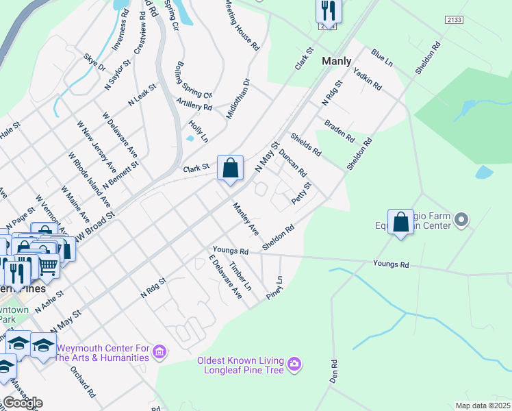 map of restaurants, bars, coffee shops, grocery stores, and more near 375 Manley Avenue in Southern Pines
