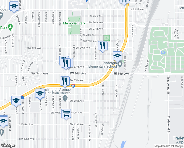 map of restaurants, bars, coffee shops, grocery stores, and more near 301-313 Southwest 34th Avenue in Amarillo