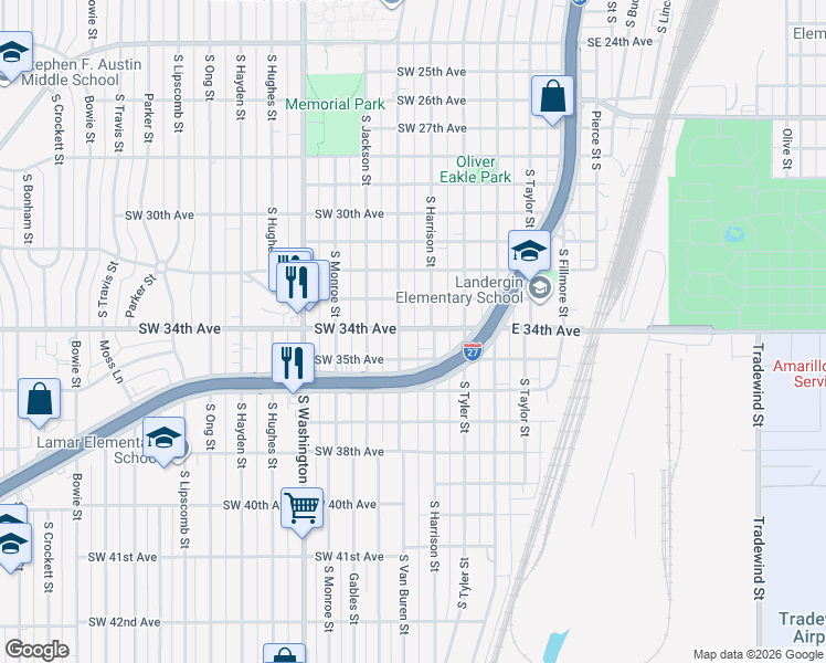 map of restaurants, bars, coffee shops, grocery stores, and more near 301-313 Southwest 34th Avenue in Amarillo