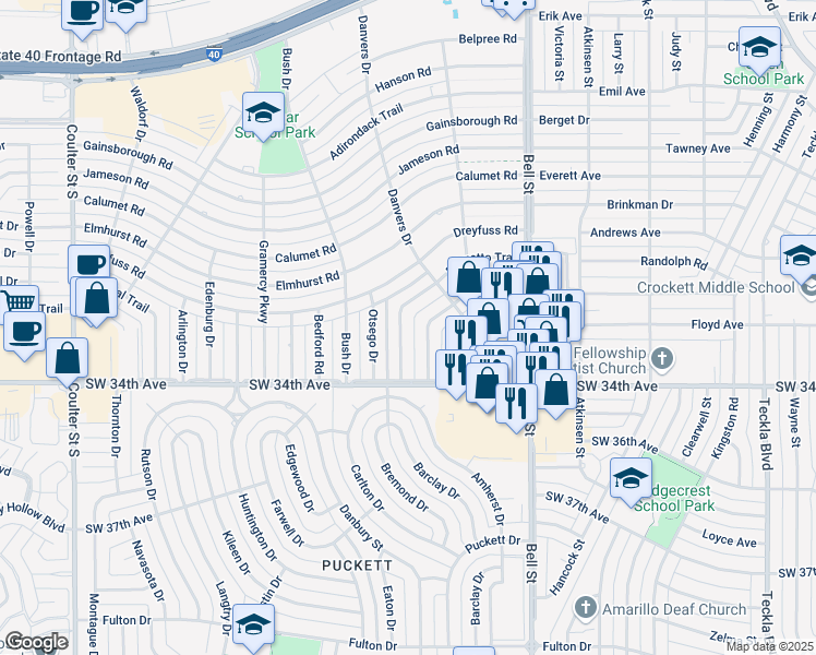 map of restaurants, bars, coffee shops, grocery stores, and more near 3307 Palmetto Trail in Amarillo