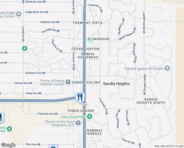map of restaurants, bars, coffee shops, grocery stores, and more near 840 Live Oak Road Northeast in Albuquerque