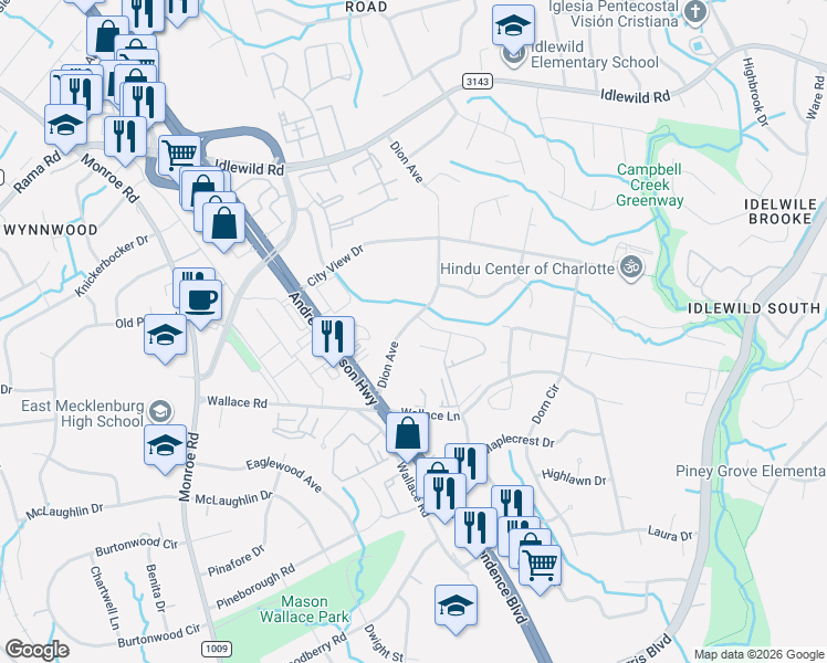 map of restaurants, bars, coffee shops, grocery stores, and more near 6107 Gold Worthy Court in Charlotte