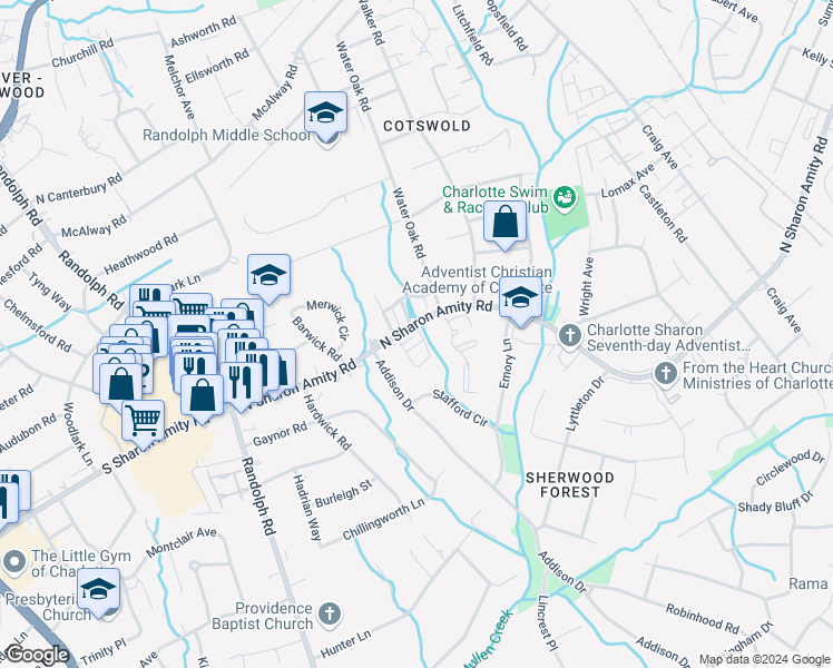 map of restaurants, bars, coffee shops, grocery stores, and more near 500 North Sharon Amity Road in Charlotte
