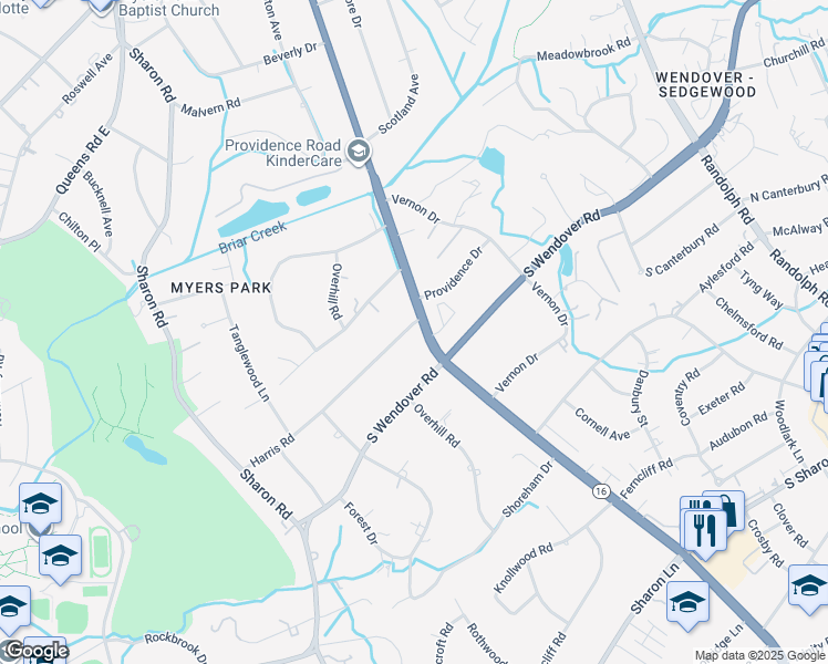 map of restaurants, bars, coffee shops, grocery stores, and more near 2112 Providence Road in Charlotte