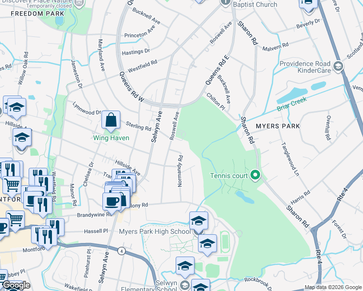 map of restaurants, bars, coffee shops, grocery stores, and more near in Charlotte