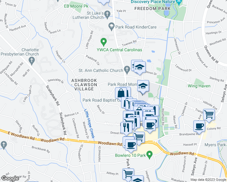 map of restaurants, bars, coffee shops, grocery stores, and more near 3908 Hough Road in Charlotte