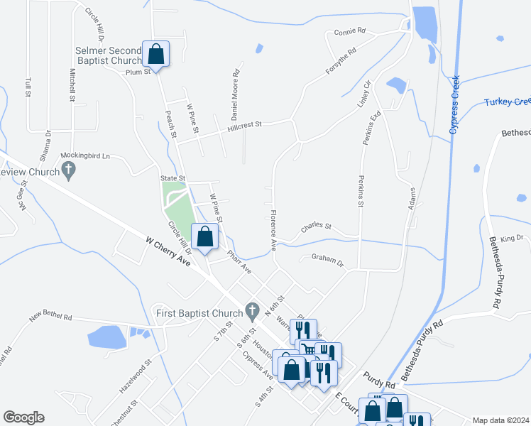 map of restaurants, bars, coffee shops, grocery stores, and more near 408 Florence Avenue in Selmer