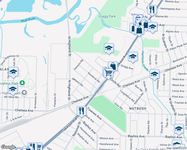map of restaurants, bars, coffee shops, grocery stores, and more near 3598 Kendrick Road in Memphis