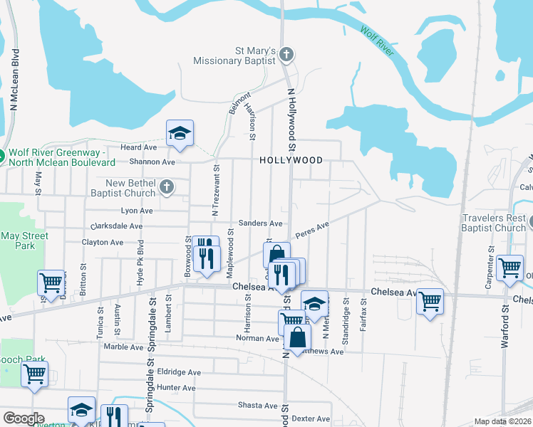 map of restaurants, bars, coffee shops, grocery stores, and more near 1532 Oakwood Street in Memphis