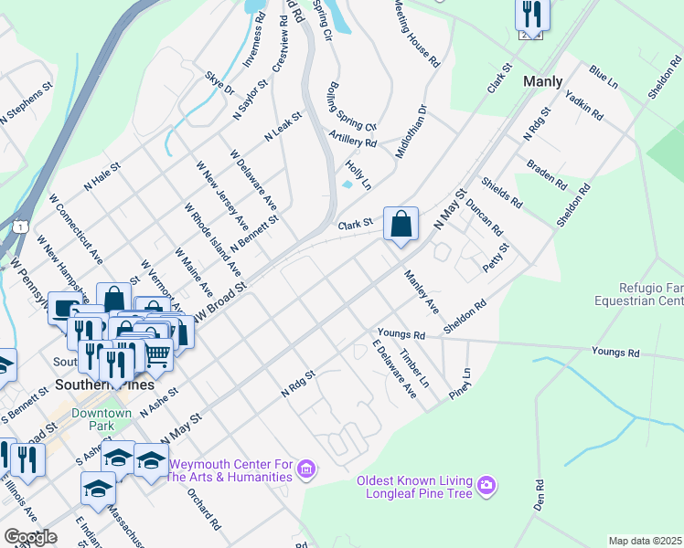 map of restaurants, bars, coffee shops, grocery stores, and more near 835 North Ashe Street in Southern Pines