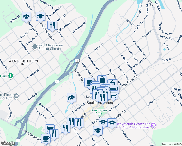 map of restaurants, bars, coffee shops, grocery stores, and more near 415 West New Hampshire Avenue in Southern Pines